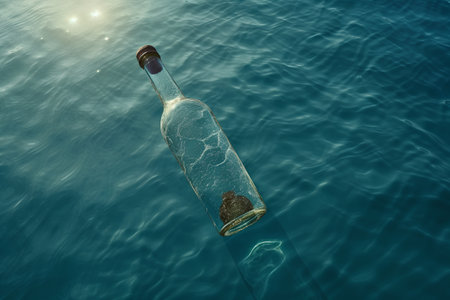 Message in a bottle floating in the sea. 3D illustration.の素材