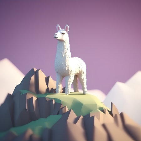 Llama on the mountain, 3d render, violet backgroundの素材