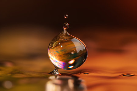 Water drop with reflection on water surface. 3d render, 3d illustrationの素材