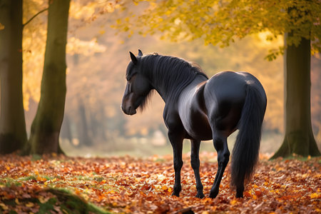Black stallion in the autumn forest. Beautiful horse in the nature.の素材
