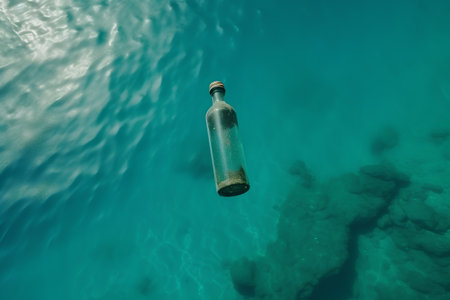 Aerial view of a bottle floating in the sea. Concept of environmental pollution.の素材