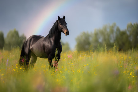 Beautiful black horse in the meadow with rainbow in the skyの素材