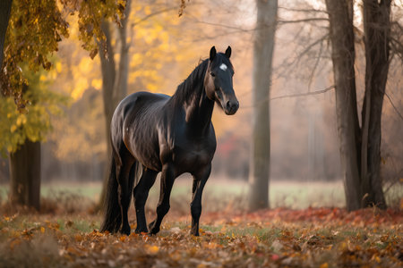 Black stallion in the autumn forest. Portrait of a horseの素材