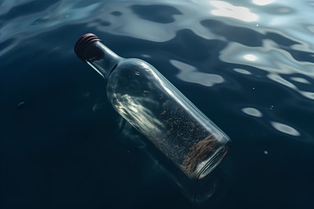 Message in a bottle on the surface of the water. 3D renderingの素材