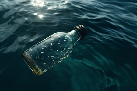 Empty bottle floating in the sea. Conceptual image of environmental pollutionの素材