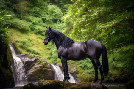 Black horse standing in front of a waterfall in the forest with copy spaceの素材