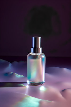 Perfume bottle on purple background. 3d render illustration.の素材