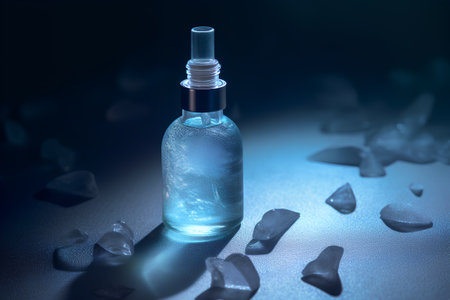 Cosmetic bottle on a dark background with ice cubes. 3d renderingの素材