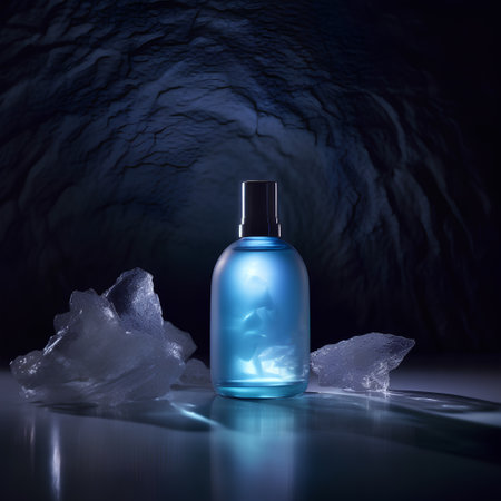 Blue cosmetic bottle with ice cubes on dark background. 3d renderingの素材