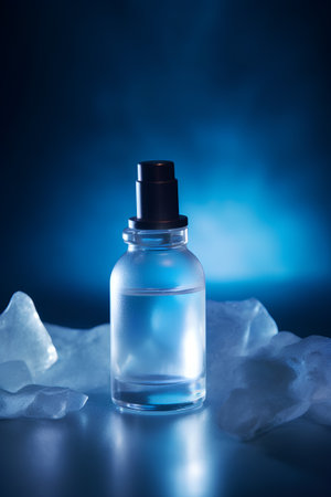 Aromatherapy oil in glass bottle on blue background with ice cubesの素材