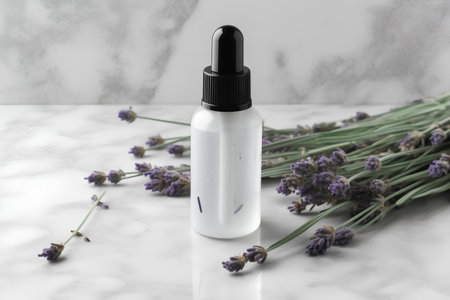 Lavender essential oil in a glass bottle with fresh lavender flowers on a white marble background.の素材