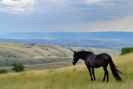 Horse on the hillside, Tuscany, Italy.の素材
