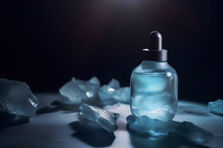 Glass dropper bottle with serum or essential oil on a dark background with ice cubes.の素材