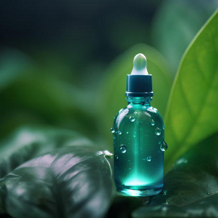 Bottle of essential oil with green leaves on dark background. Selective focus.の素材
