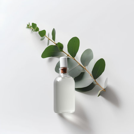 Eucalyptus essential oil in a glass bottle with eucaliptus leaves on white backgroundの素材