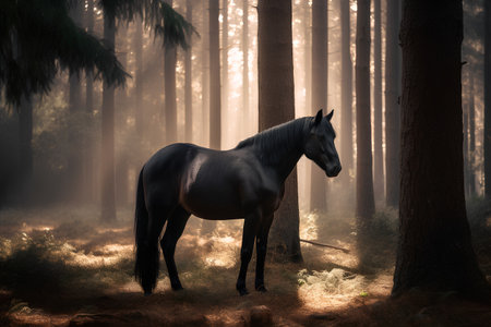 Horse in the forest in the morning fog. 3d renderingの素材