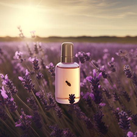 Aromatherapy oil in a glass bottle on lavender field.の素材