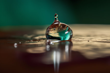 Water drop close up with reflection on water surface. Abstract background.の素材