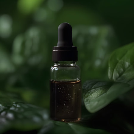 Essential oil in a glass bottle on green leaves background. Selective focus.の素材