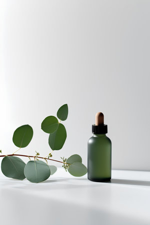 Green glass dropper bottle with eucalyptus leaves on white backgroundの素材