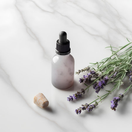 Lavender essential oil in a glass bottle on a white marble background.の素材