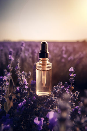 Lavender oil in a beautiful glass bottle on a lavender field at sunsetの素材
