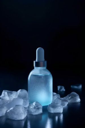 Glass dropper bottle with pipette and ice cubes on black backgroundの素材