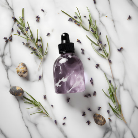 Lavender essential oil in a glass bottle on a white marble background, top viewの素材