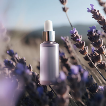 Lavender cosmetic product on lavender flowers background. 3d illustrationの素材