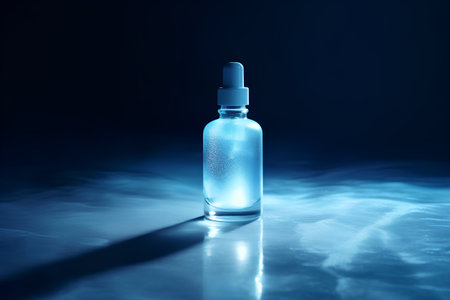 Cosmetic bottle with pipette on a dark background with smoke and reflectionの素材