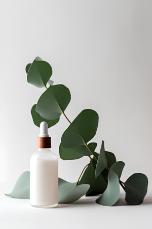 Eucalyptus leaves and cosmetic bottle on white background.の素材