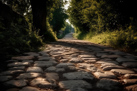 Cobblestone road in the evening light. Beautiful summer landscape.の素材