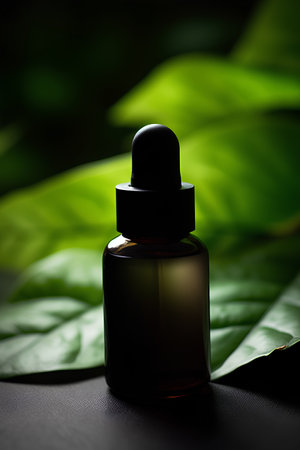 Bottle of essential oil with green leaf on dark background. Selective focus.の素材