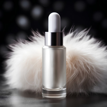Cosmetic branding, glamour lip gloss and white fur on black background.の素材
