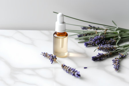 Lavender essential oil in a glass dropper bottle with fresh lavender flowers on white marble background. Beauty treatment concept.の素材