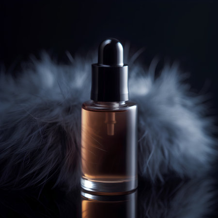 perfume bottle on a black background with feathers, studio shotの素材