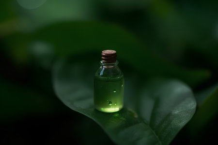 Aromatherapy oil in a small bottle on green leaf.の素材