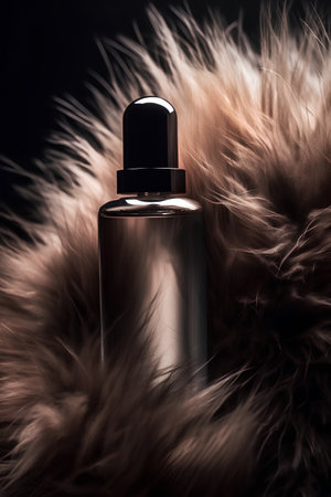 Cosmetic branding, glamour lip gloss and make-up concept - Luxury perfume bottle on fur backgroundの素材