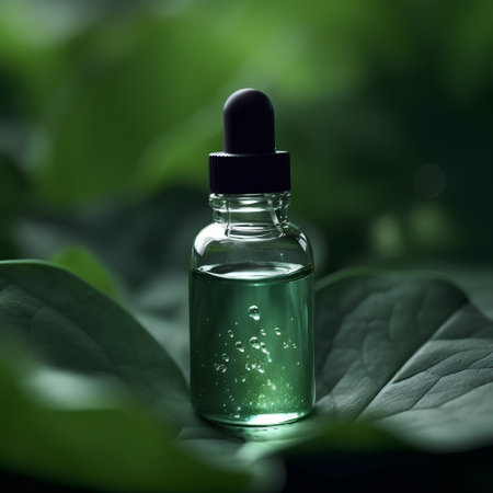Essential oil in a glass bottle on a green background with leavesの素材