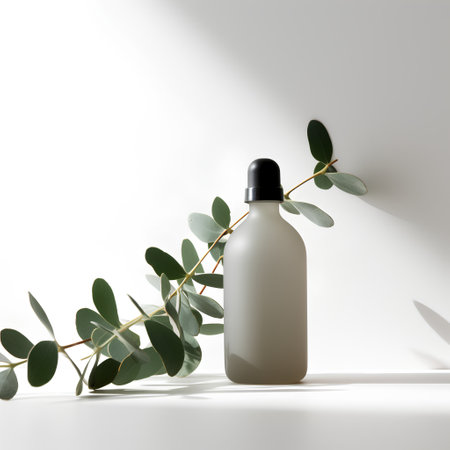Mockup of cosmetic bottle with eucalyptus leaves on white background. 3D renderingの素材