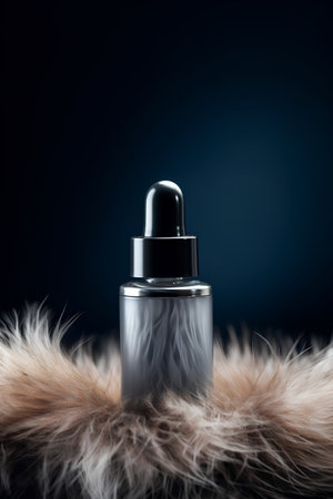 Glass dropper bottle on fur background. Beauty, fashion and skincare concept.の素材
