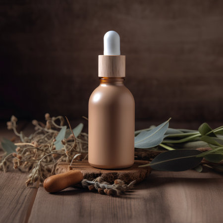 Amber glass dropper bottle with natural cosmetic product on wooden background.の素材
