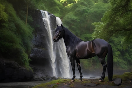 Beautiful black stallion in front of a waterfall in the forestの素材