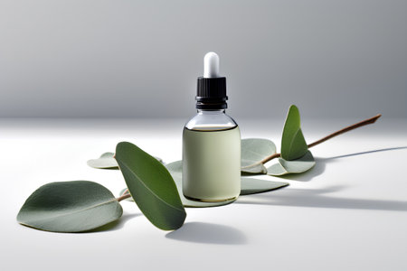Eucalyptus essential oil in a glass bottle with a pipette on a white background.の素材