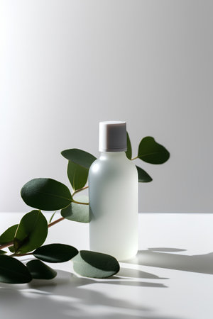 Bottle of cosmetic product with eucalyptus leaves on white backgroundの素材