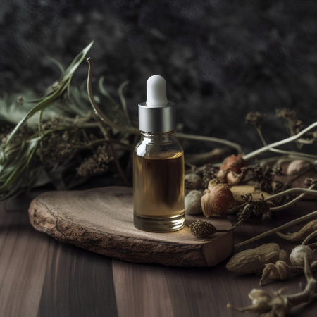 Essential oil in a glass bottle on a wooden board with dried herbs and flowersの素材