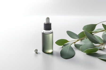 Eucalyptus essential oil in a glass bottle on a white background.の素材
