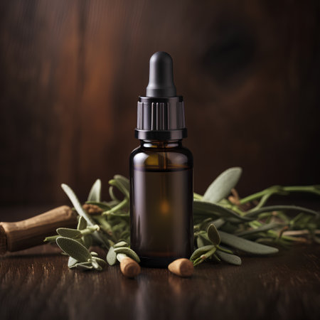 Essential oil in a glass bottle with fresh sage leaves on wooden backgroundの素材