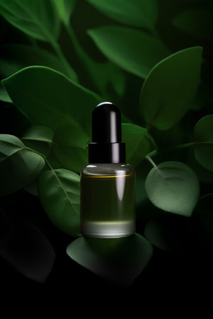 Cosmetic oil in a glass bottle on a black background with green leavesの素材