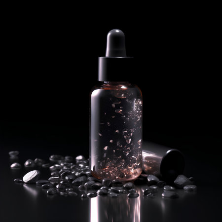 Glass dropper bottle with serum or oil on a black background with grains of coffeeの素材